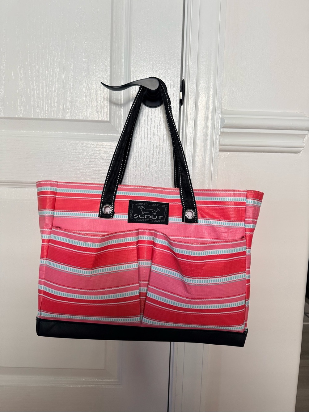 Scout Pink and White Striped Tote with Black Trim